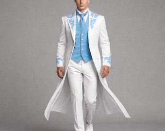 White Groom Tailcoat Suit: Victorian Wedding, Royal Formal Long Coat, Blue Embroidery