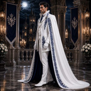 Puede incluir: Un traje blanco que incluye chaqueta entallada, chaleco y pantal&oacute;n, combinado con una capa larga hasta el suelo. La capa y la chaqueta est&aacute;n adornadas con intrincados bordados florales azul oscuro. El conjunto incluye guantes y zapatos blancos.