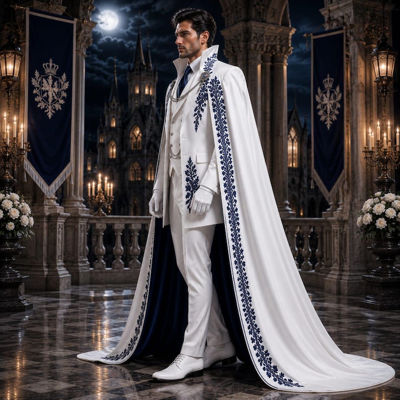 Puede incluir: Un traje blanco que incluye chaqueta entallada, chaleco y pantal&oacute;n, combinado con una capa larga hasta el suelo. La capa y la chaqueta est&aacute;n adornadas con intrincados bordados florales azul oscuro. El conjunto incluye guantes y zapatos blancos.