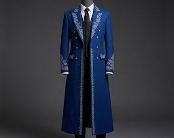 Abrigo largo gótico azul real – Frac victoriano bordado para hombre, abrigo formal steampunk