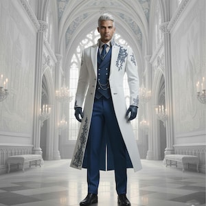 May include: A man in a white long coat with blue floral embroidery, a blue vest, and blue pants. He wears a blue tie, gloves, and black shoes. The background is a white hall with chandeliers and ornate architectural details.