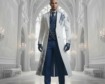 Herren viktorianischen weißen langen Mantel Anzug | Bestickte Tailcoat Weste Hose | Luxus Hochzeit formales Set