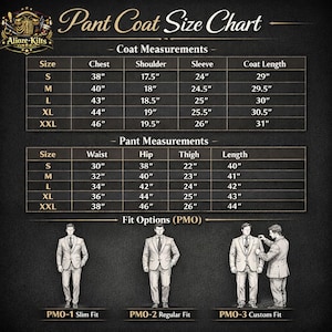 May include: A size chart for men's suits, featuring coat and pant measurements in inches. Includes chest, shoulder, sleeve, and coat length, as well as waist, hip, thigh, and length. Also shows slim, regular, and custom fit options.