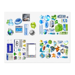 May include: A sticker sheet featuring a collection of early 2000s-style digital icons, computer interface elements, and glossy graphics. The designs include globes, mobile phones, fish, a penguin, and various window dialog boxes on a white background.