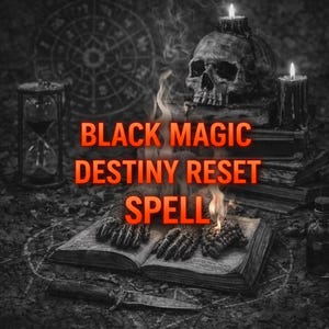 Może przedstawiać: Obraz w skali szarości z pomarańczowym tekstem "BLACK MAGIC DESTINY RESET SPELL". Obraz przedstawia czaszkę z zapalonymi świecami, otwartą książkę z szkieletowymi dłońmi, klepsydrę i pentagram.