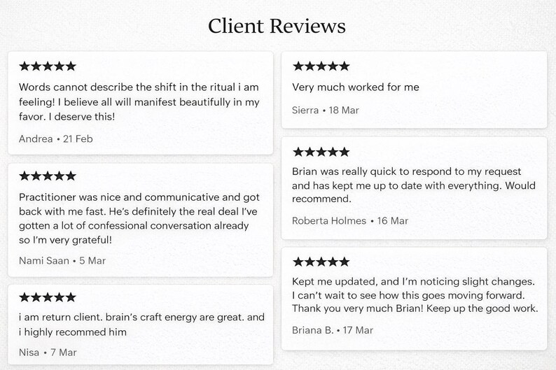Może przedstawiać: Białe tło z tytułem "Client Reviews" u g&oacute;ry. Sześć białych prostokąt&oacute;w wyświetla opinie klient&oacute;w i oceny gwiazdkami. Recenzje są datowane i podpisane przez klient&oacute;w.