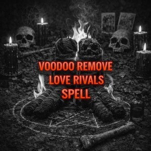 May include: A grayscale image depicting a Voodoo spell. The text "VOODOO REMOVE LOVE RIVALS SPELL" is displayed in red. The scene includes skulls, candles, and wrapped figures, with flames and a pentagram.