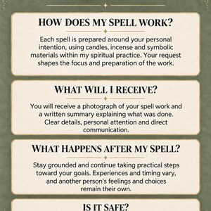 Pu&ograve; includere: Un grafico informativo verde con il titolo Q&A in caratteri grandi. Presenta quattro sezioni con le intestazioni: How does my spell work?, What will I receive?, What happens after my spell? e Is it safe?, ognuna contenente del testo.