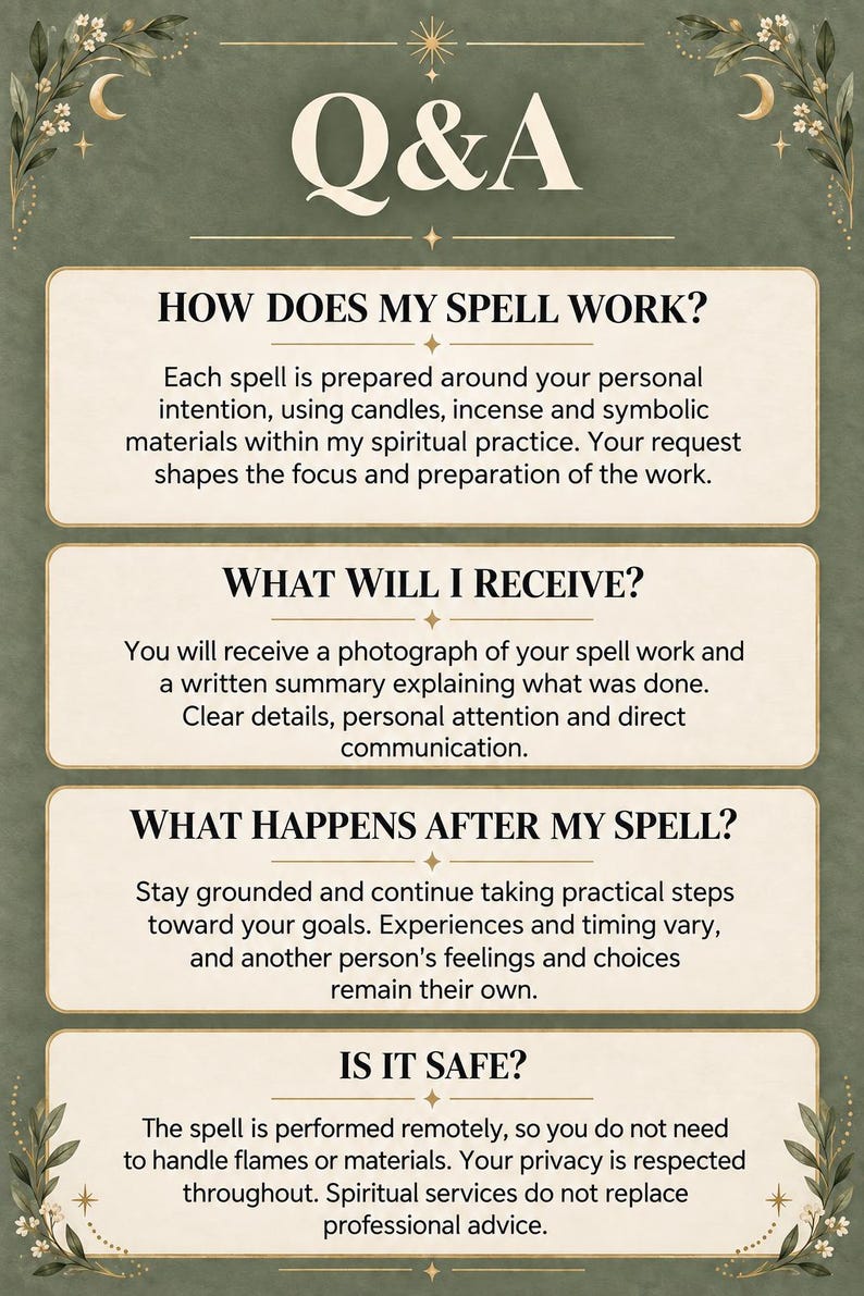 Pu&ograve; includere: Un grafico informativo verde con il titolo Q&A in caratteri grandi. Presenta quattro sezioni con le intestazioni: How does my spell work?, What will I receive?, What happens after my spell? e Is it safe?, ognuna contenente del testo.