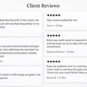 Pu&ograve; includere: Una raccolta di cinque recensioni dei clienti visualizzate in riquadri rettangolari bianchi sotto l'intestazione Client Reviews. Ogni recensione presenta cinque stelle nere, nomi dei clienti, date e feedback scritto sui servizi.