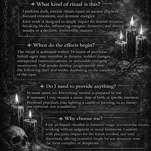 Puede incluir: Gr&aacute;fico en escala de grises con el texto "QUESTIONS & ANSWERS" e informaci&oacute;n sobre rituales oscuros, magia demon&iacute;aca y trabajos energ&eacute;ticos. La imagen incluye velas encendidas, una calavera y cadenas.