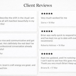 May include: A white background with the text "Client Reviews" at the top. Below are six white rectangular boxes with customer reviews, each including a star rating, customer name, and date.
