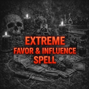 May include: A grayscale image featuring a skull, candles, money, and a crown. The text "EXTREME FAVOR & INFLUENCE SPELL" is prominently displayed in red. A small portrait and a knife are also visible, creating a mysterious atmosphere.