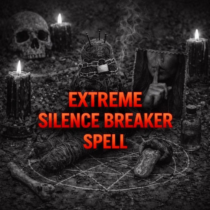 Puede incluir: Imagen de tem&aacute;tica oscura y oculta. Presenta una calavera, velas, una efigie encadenada y una imagen enmarcada de una persona guardando silencio. El texto "EXTREME SILENCE BREAKER SPELL" est&aacute; superpuesto en rojo.