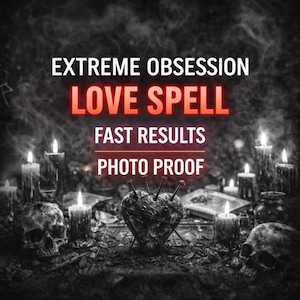 Puede incluir: Imagen oscura con un corazón atravesado por alfileres, rodeado de velas, calaveras y el texto "EXTREME OBSESSION LOVE SPELL FAST RESULTS PHOTO PROOF". La escena evoca un tema místico u oculto.
