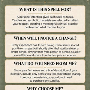 Pu&ograve; includere: Un grafico informativo verde con il titolo Q&A in testo bianco. Presenta quattro sezioni con le intestazioni: What is this spell for?, When will I notice a change?, What do you need from me?, e Why choose me?, ciascuna seguita da un testo descrittivo.