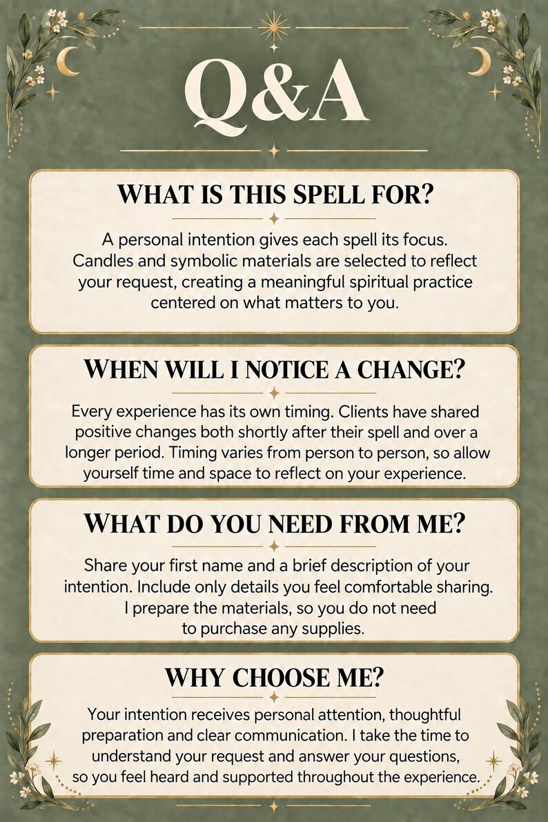 Pu&ograve; includere: Un grafico informativo verde con il titolo Q&A in testo bianco. Presenta quattro sezioni con le intestazioni: What is this spell for?, When will I notice a change?, What do you need from me?, e Why choose me?, ciascuna seguita da un testo descrittivo.