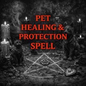 Può includere: Immagine scura con il testo "PET HEALING & PROTECTION SPELL" in rosso. Due statue di cani neri affiancano un pentagramma. Sono visibili anche candele accese e un ciondolo a forma di impronta di zampa, insieme a un ciondolo a forma di cuore.