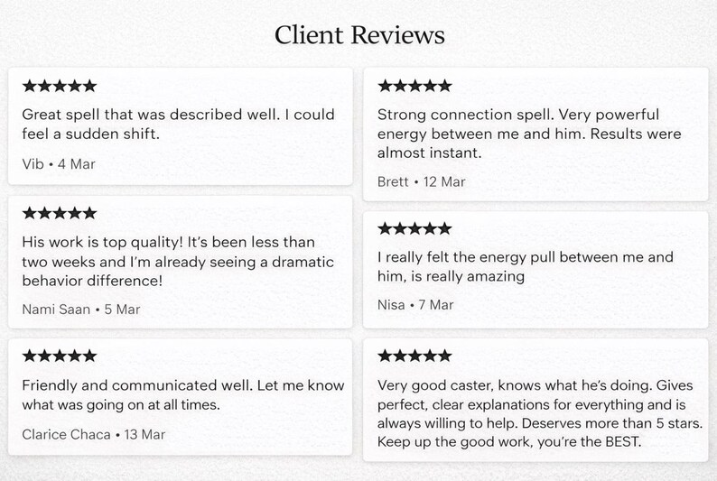 Pu&ograve; includere: Una griglia di sei recensioni clienti a cinque stelle visualizzate in riquadri rettangolari bianchi. Il testo include feedback su incantesimi, energia e comunicazione di Vib, Brett, Nami Saan, Nisa, Clarice Chaca, con date a marzo.