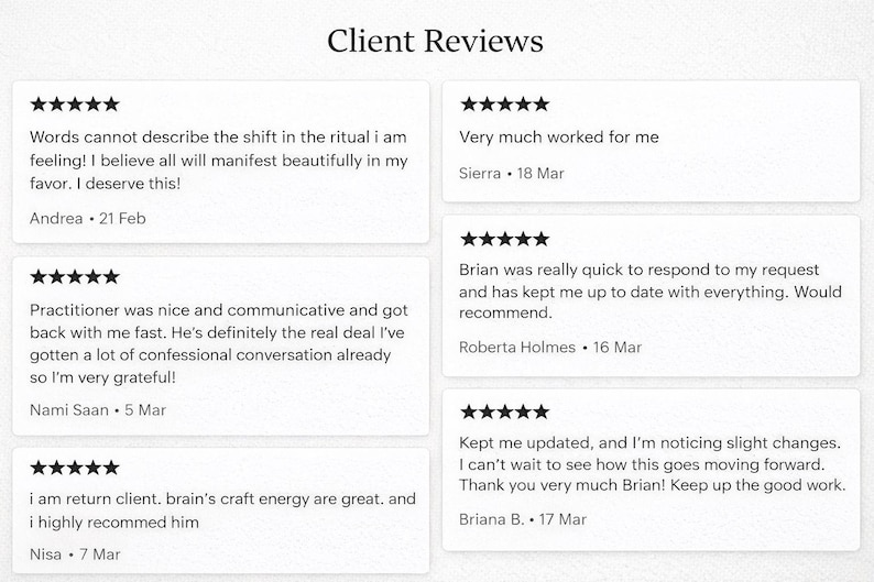 Pu&ograve; includere: Sfondo bianco con il titolo "Client Reviews" in alto. Sei riquadri bianchi con testimonianze dei clienti e valutazioni a stelle. Le recensioni sono datate e firmate.