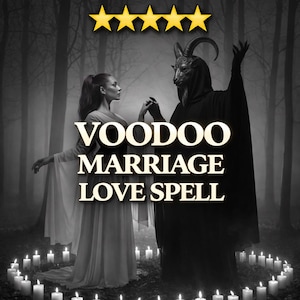 Könnte beinhalten: Schwarz-Weiß-Bild mit einer Frau und einer Gestalt in einem schwarzen Umhang mit einem ziegenartigen Kopf. Der Text "VOODOO MARRIAGE LOVE SPELL" ist deutlich zu sehen. Ein Kreis aus brennenden Kerzen umgibt die Figuren.