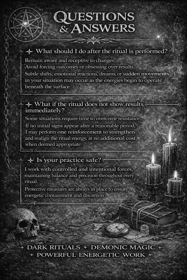 Puede incluir: Imagen en escala de grises con el texto "QUESTIONS & ANSWERS" e informaci&oacute;n sobre rituales. La imagen incluye velas encendidas, una calavera, libros y un reloj de bolsillo. El texto describe pr&aacute;cticas rituales y seguridad.