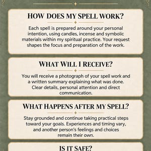 May include: A green informational graphic with the title Q&A in large font. It contains four sections with the headings: How does my spell work?, What will I receive?, What happens after my spell?, and Is it safe?, each followed by descriptive text.