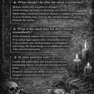 May include: A grayscale image with the text "QUESTIONS & ANSWERS" at the top. The image features a skull, lit candles, a pocket watch, and books. The text discusses rituals, energetic work, and demonic magic.