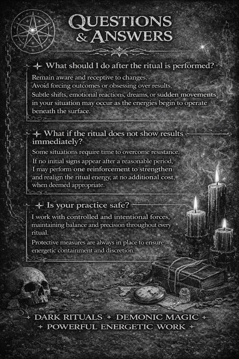 May include: A grayscale image with the text "QUESTIONS & ANSWERS" at the top. The image features a skull, lit candles, a pocket watch, and books. The text discusses rituals, energetic work, and demonic magic.
