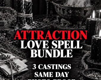 Può includere: Un'immagine in bianco e nero con candele nere, un calderone fumante ed erbe legate. Il testo recita: ATTRACTION LOVE SPELL BUNDLE, 3 CASTINGS SAME DAY PHOTO PROOF. La scena è scura con gocce di cera visibili e dettagli in corda.