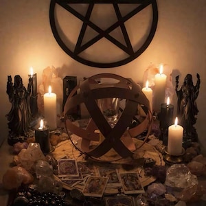 May include: A mystical altar setup with a large pentagram, candles, crystals, tarot cards, and a decorative metal sphere. Two statues flank the candles, creating a dimly lit, spiritual ambiance. The scene evokes themes of divination and esotericism.