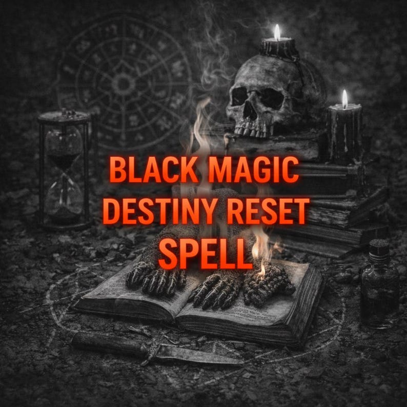 Może przedstawiać: Obraz w skali szarości z pomarańczowym tekstem "BLACK MAGIC DESTINY RESET SPELL". Obraz przedstawia czaszkę z zapalonymi świecami, otwartą książkę z szkieletowymi dłońmi, klepsydrę i pentagram.