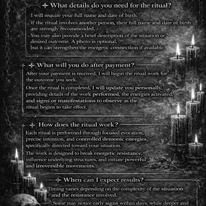 May include: Black and white graphic with the text "QUESTIONS & ANSWERS" and information about a ritual. The image includes lit candles, a skull, and a pocket watch, creating a mystical theme.