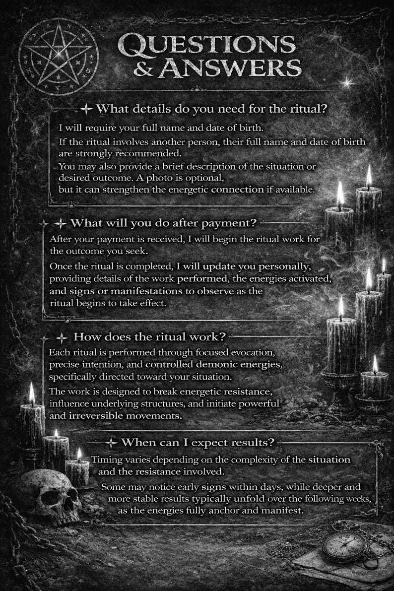 May include: Black and white graphic with the text "QUESTIONS & ANSWERS" and information about a ritual. The image includes lit candles, a skull, and a pocket watch, creating a mystical theme.