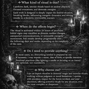 May include: A grayscale graphic with the text "QUESTIONS & ANSWERS" and information about dark rituals, demonic magic, and energetic works. The image includes lit candles, a skull, and chains.