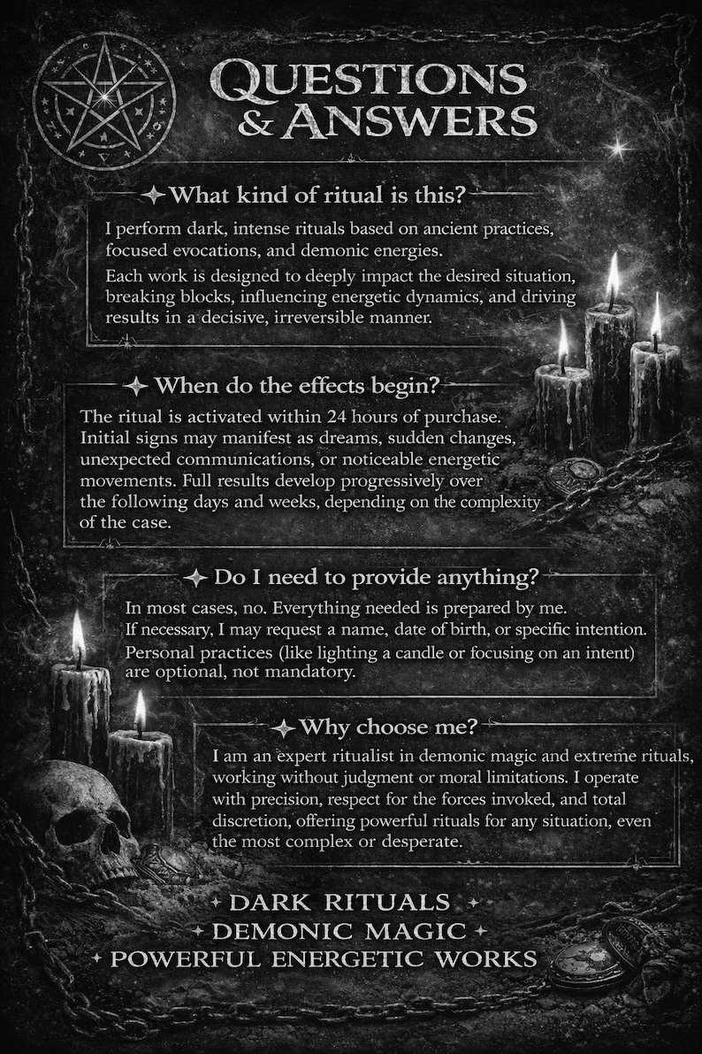 May include: A grayscale graphic with the text "QUESTIONS & ANSWERS" and information about dark rituals, demonic magic, and energetic works. The image includes lit candles, a skull, and chains.