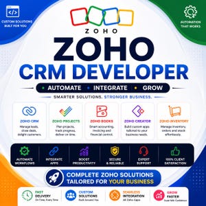 May include: A promotional graphic for a Zoho CRM developer featuring the text ZOHO CRM DEVELOPER, AUTOMATE, INTEGRATE, GROW, and SMARTER SOLUTIONS. STRONGER BUSINESS. It lists services like Zoho CRM, Projects, Books, Creator, and Inventory.