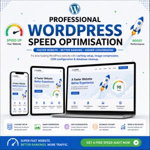 WordPress hastighetsoptimeringstjänst, åtgärda långsam laddning, webbplats med cachningskonfiguration, bildkomprimering, CDN-konfiguration, databasrensning