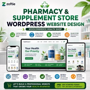 Custom WordPress website design for pharmacies and supplement stores, WooCommerce health shop, Custom template, website for health products
