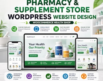 Custom WordPress website design for pharmacies and supplement stores, WooCommerce health shop, Custom template, website for health products
