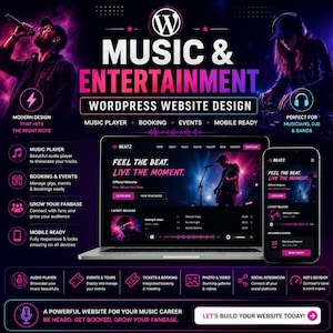May include: A digital advertisement for WordPress website design services for musicians, featuring a laptop and smartphone displaying a music website with the text Music & Entertainment, Feel the Beat, Live the Moment, and Beatz.