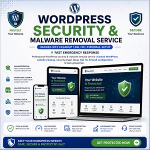 Op de afbeelding: Een digitale afbeelding voor een WordPress-beveiligings- en malwareverwijderingsservice. Het toont een laptop, tablet en smartphone met een beveiligde website-interface, naast iconen voor malwareverwijdering en firewall-instellingen.