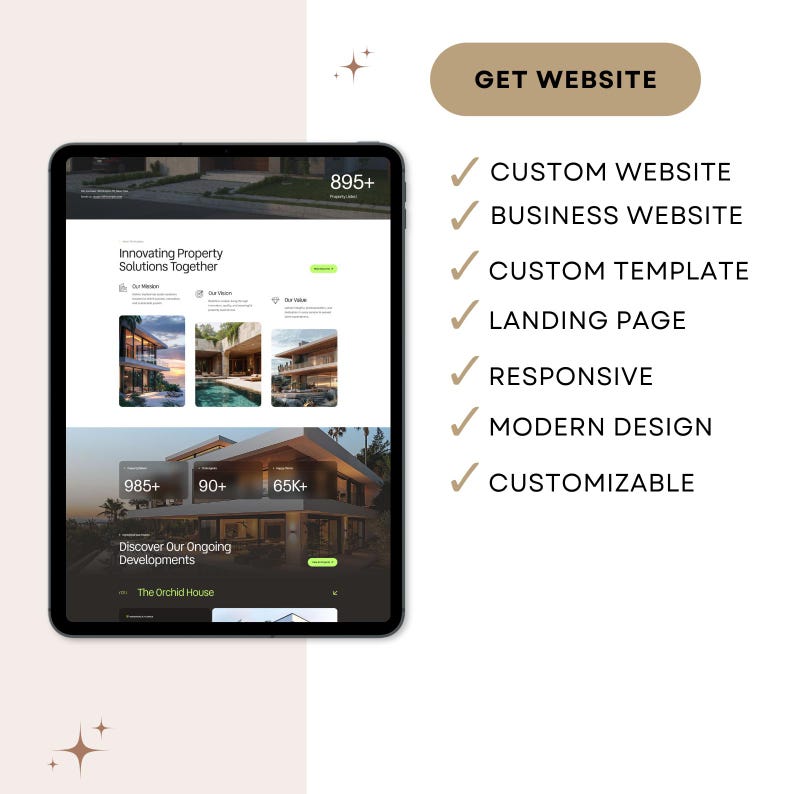 May include: A tablet displaying a real estate website design with the text Innovating Property Solutions Together and Discover Our Ongoing Developments. To the right, a list includes GET WEBSITE, CUSTOM WEBSITE, BUSINESS WEBSITE, CUSTOM TEMPLATE, LANDING PAGE, RESPONSIVE, MODERN DESIGN, and CUSTOMIZABLE.