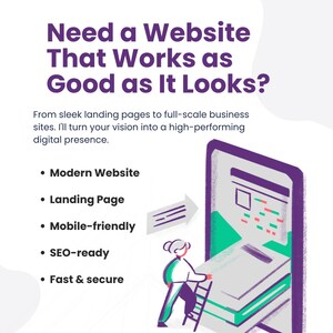 Może przedstawiać: Grafika marketingu cyfrowego z tekstem "Need a Website That Works as Good as It Looks?" oraz listą usług, w tym Modern Website, Landing Page, Mobile-friendly, SEO-ready i Fast & secure, przedstawiająca ilustrację osoby wchodzącej po drabinie na ekran smartfona.