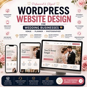 May include: A digital marketing graphic for WordPress website design services for wedding businesses. It displays a smartphone, tablet, and desktop computer showing a website with a couple, text, and icons for features like SEO and mobile responsiveness.