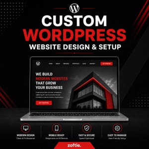 May include: A laptop displaying a website design with the text CUSTOM WORDPRESS WEBSITE DESIGN & SETUP. The screen shows a modern building graphic, navigation menu, and GET STARTED buttons. Below are four icons for design, mobile, security, and management.