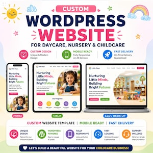 May include: A digital advertisement for a custom WordPress website for daycare, nursery, and childcare services. The graphic displays a mobile phone, tablet, and laptop showing the Little Steps website, featuring the text Nurturing Little Minds, Building Bright Futures, and various icons for design, mobile responsiveness, and delivery.