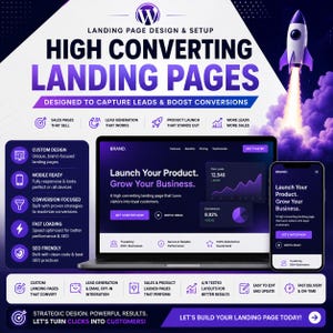 May include: A digital marketing graphic for landing page design and setup services. The image features a laptop and smartphone displaying a website with purple and dark blue gradients, a rocket illustration, and text detailing conversion-focused features.