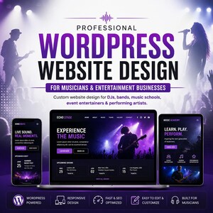 May include: A digital advertisement for professional WordPress website design services for musicians and entertainment businesses, featuring a laptop, tablet, and smartphone displaying music-themed website layouts with purple and black colour schemes.
