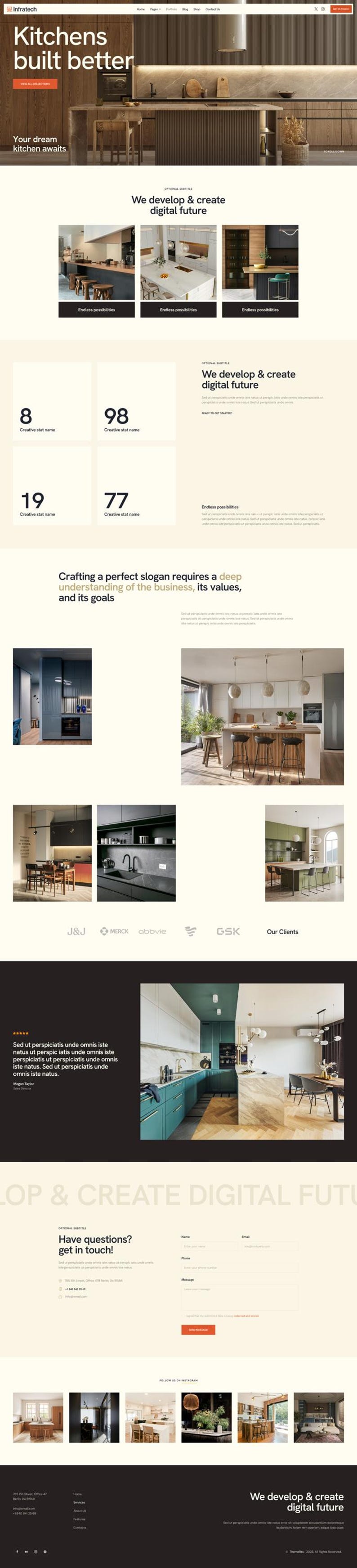 May include: A website landing page for Infratech featuring a hero section with a modern kitchen, multiple project gallery grids, statistical data blocks, client logos, a testimonial section, and a contact form with input fields for name and email.
